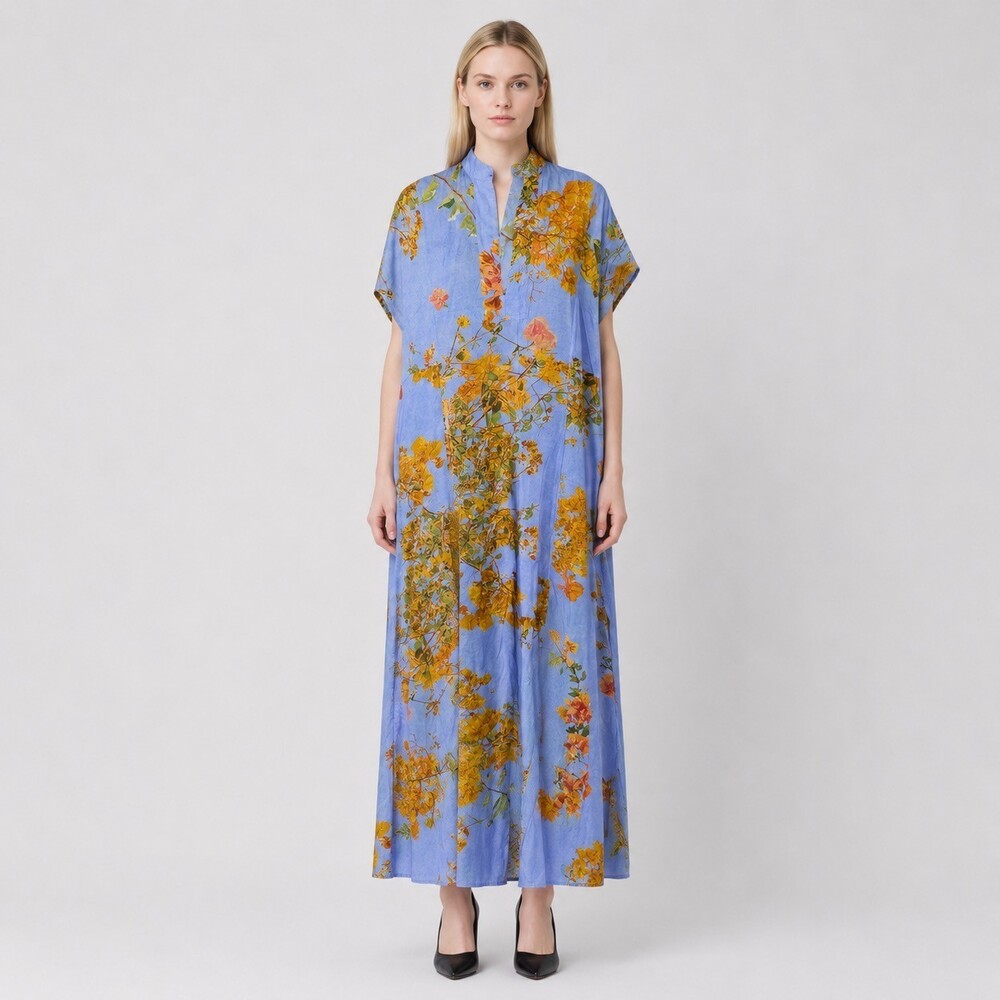 Thierry Colson Cotton Silk Floral Maxi Kaftan Dress Womens size XS Blue Orange